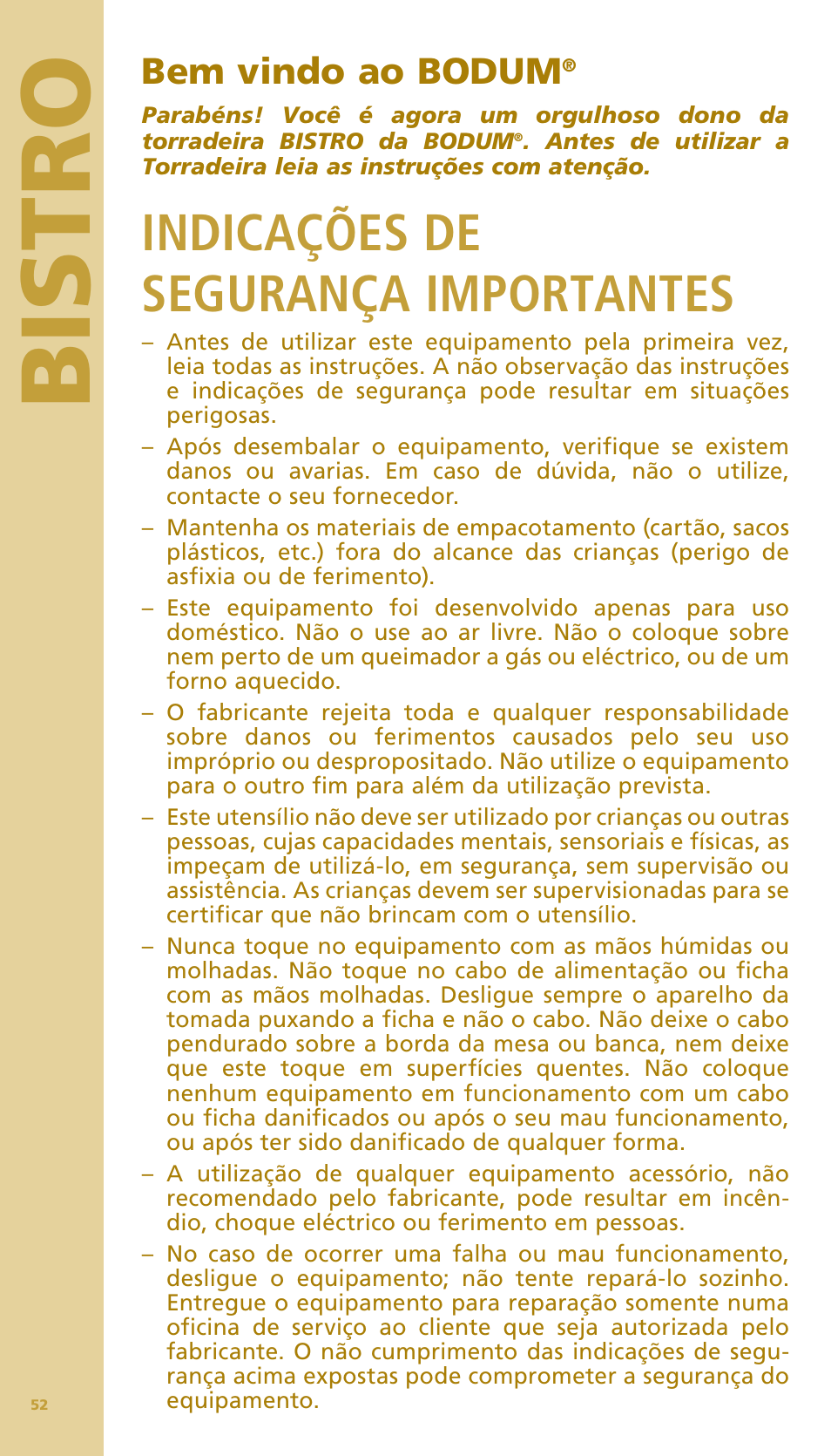 Bis tr o, Indicações de segurança importantes, Bem vindo ao bodum | Bodum BISTRO Тостер User Manual | Page 53 / 84