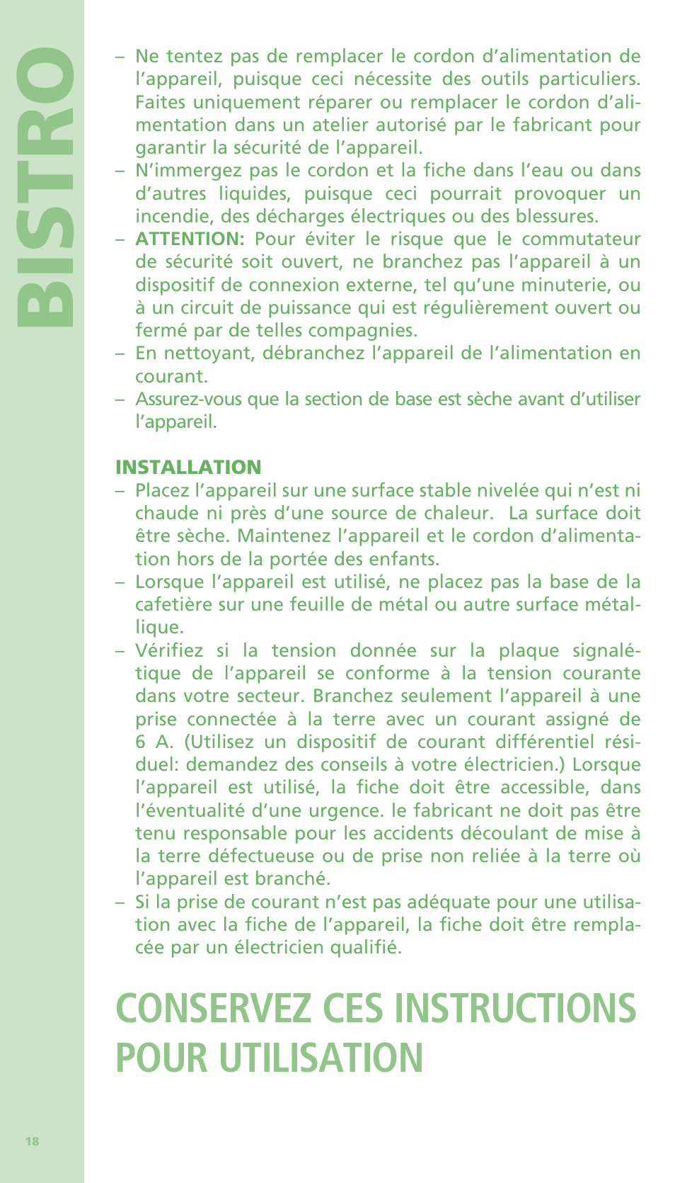 Bistro, Conservez ces instructions pour utilisation | Bodum BISTRO Электрическая кофеварка с френч-прессом User Manual | Page 19 / 84