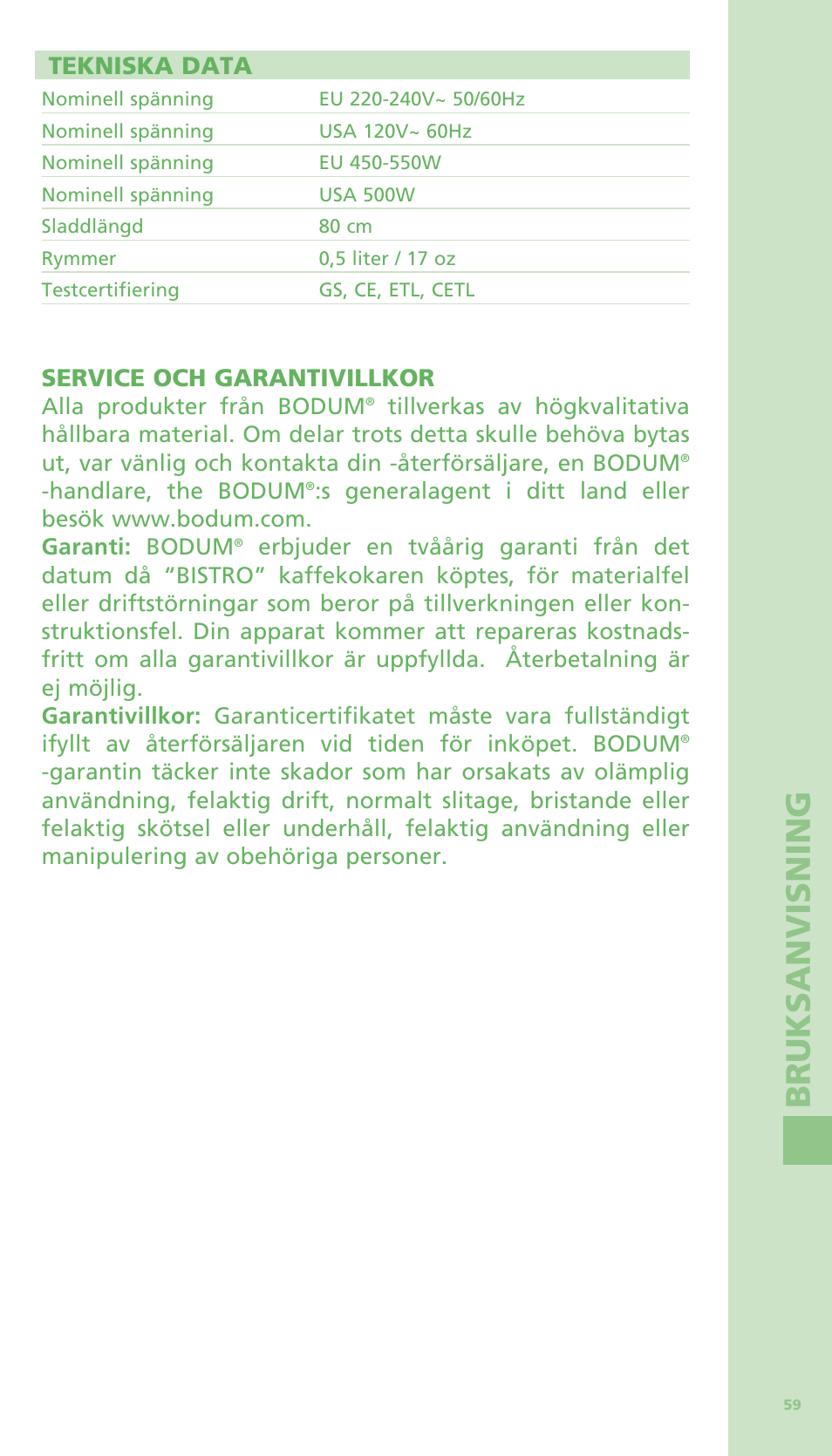 Bruksanvisning, Tekniska data, Service och garantivillkor | Bodum BISTRO Электрическая кофеварка с френч-прессом User Manual | Page 60 / 84