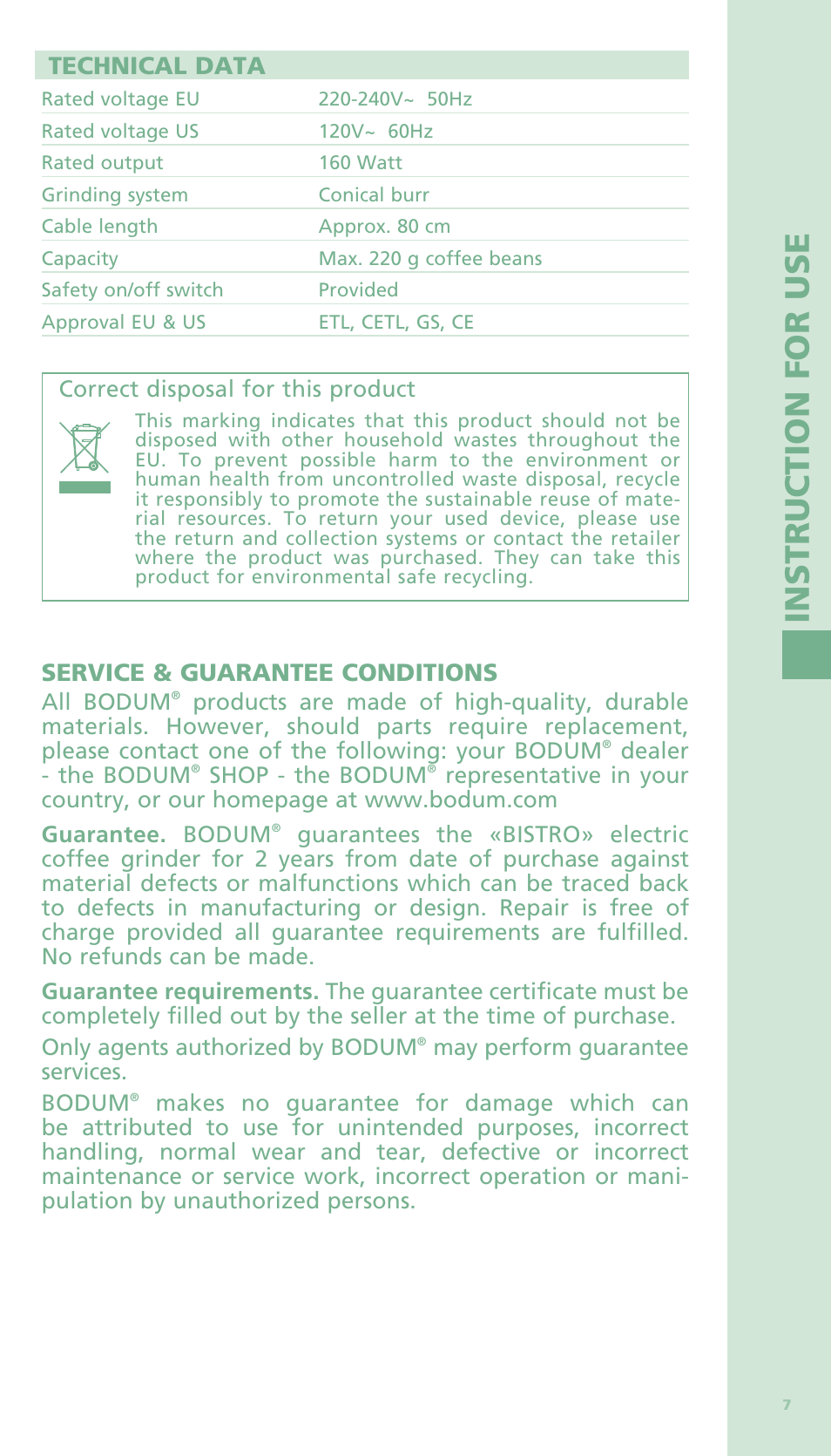 Instruct ion for use, Technical data, Service & guarantee conditions | Bodum BISTRO Электрическая кофемолка User Manual | Page 9 / 81