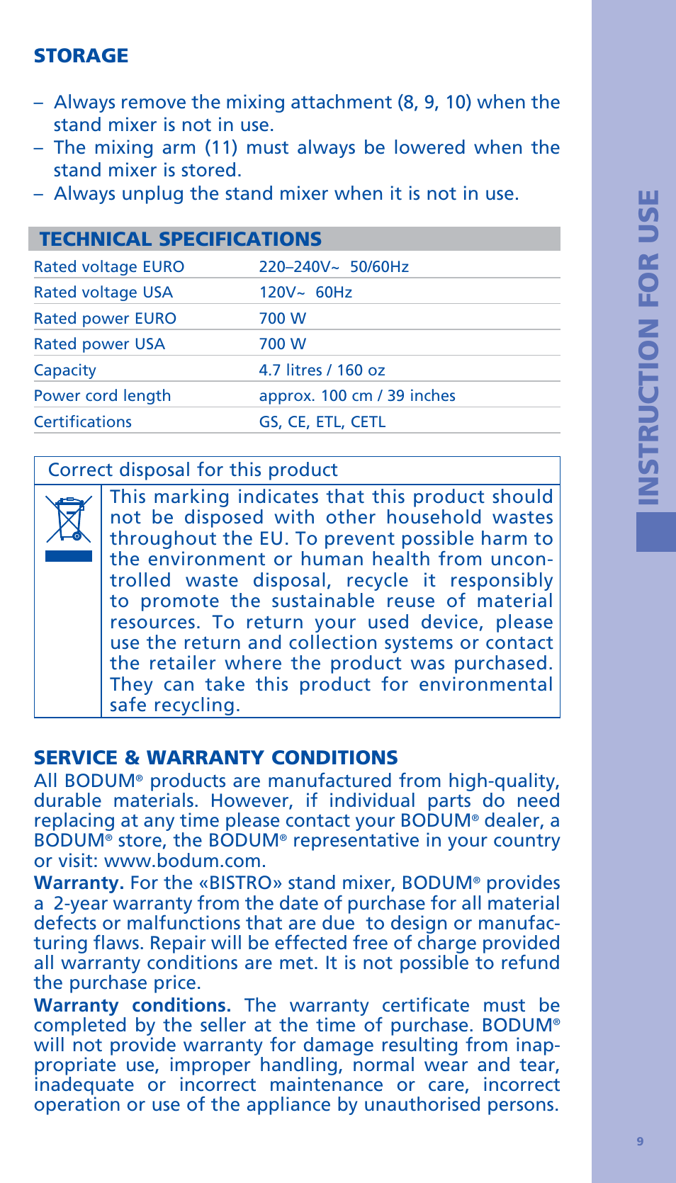 Instruction for use, Storage, Technical specifications | Service & warranty conditions | Bodum BISTRO Стационарный электрический миксер User Manual | Page 10 / 97