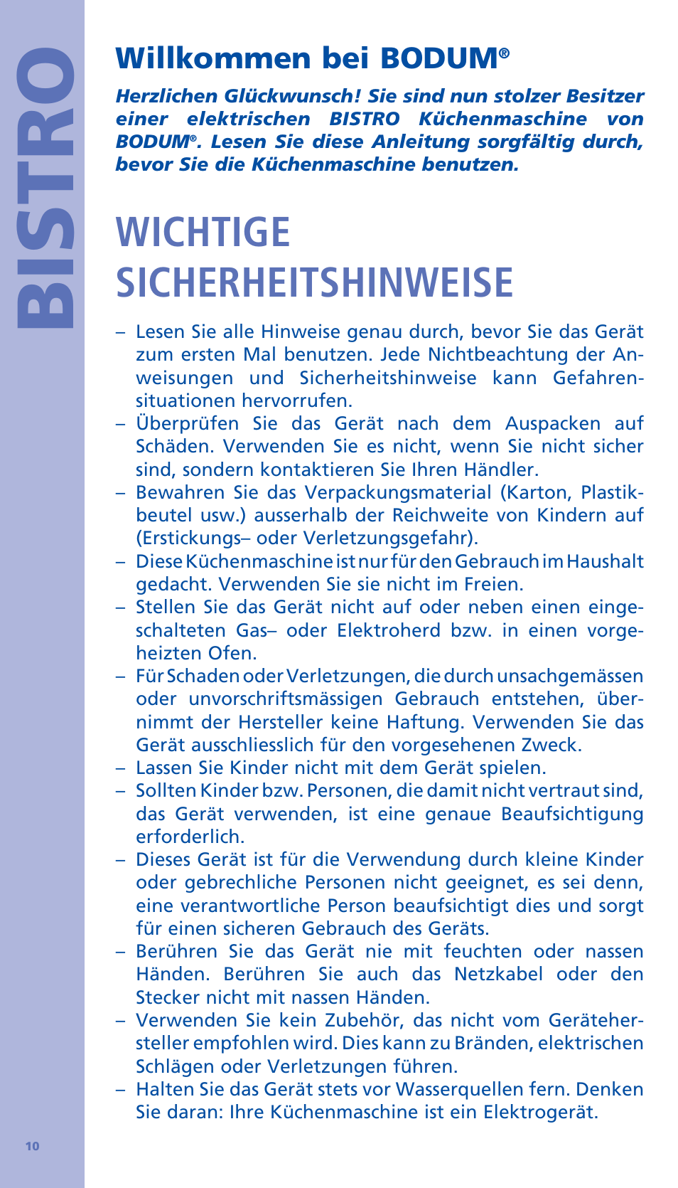 Bistro, Wichtige sicherheitshinweise, Willkommen bei bodum | Bodum BISTRO Стационарный электрический миксер User Manual | Page 11 / 97