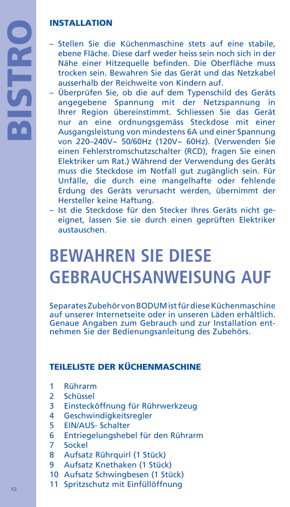 Bistro, Bewahren sie diese gebrauchsanweisung auf | Bodum BISTRO Стационарный электрический миксер User Manual | Page 13 / 97