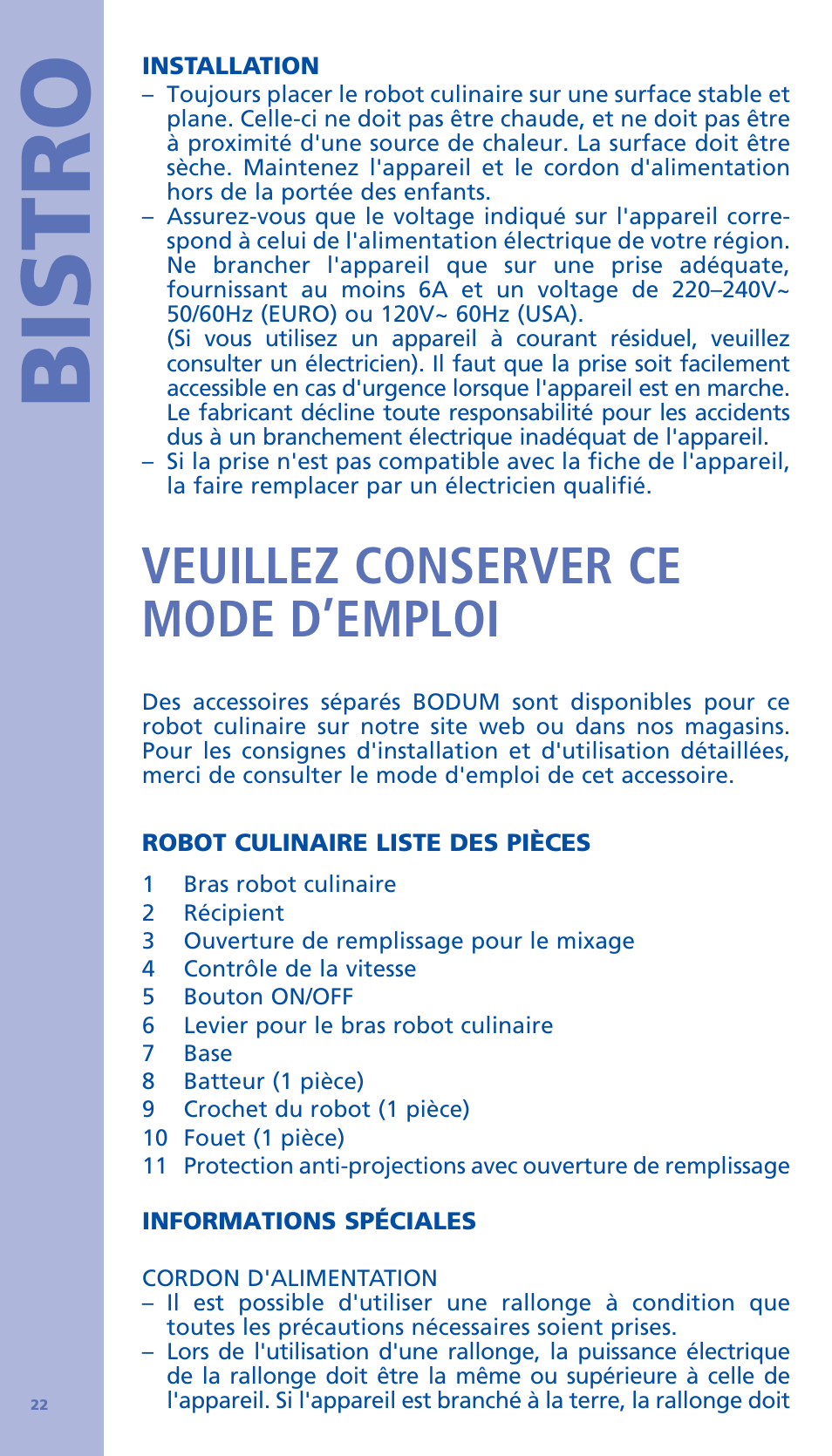 Bistro, Veuillez conserver ce mode d’emploi | Bodum BISTRO Стационарный электрический миксер User Manual | Page 23 / 97