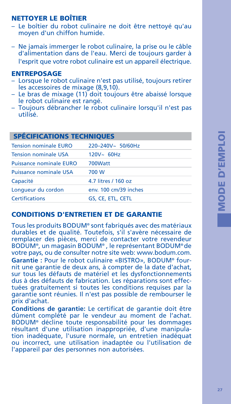Mode d’emploi, Nettoyer le boîtier, Entreposage | Spécifications techniques, Conditions d'entretien et de garantie | Bodum BISTRO Стационарный электрический миксер User Manual | Page 28 / 97