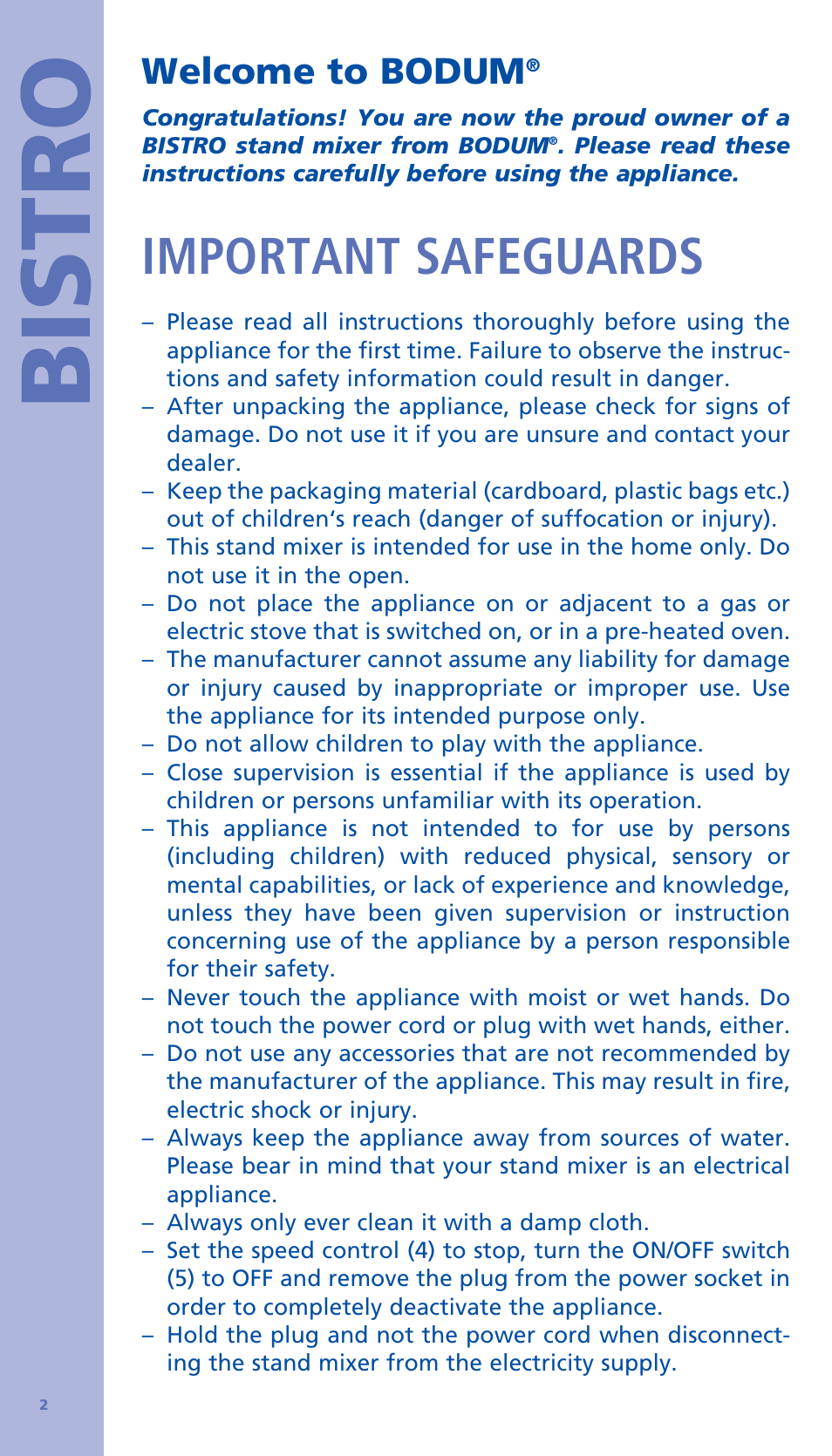 Bistro, Important safeguards, Welcome to bodum | Bodum BISTRO Стационарный электрический миксер User Manual | Page 3 / 97