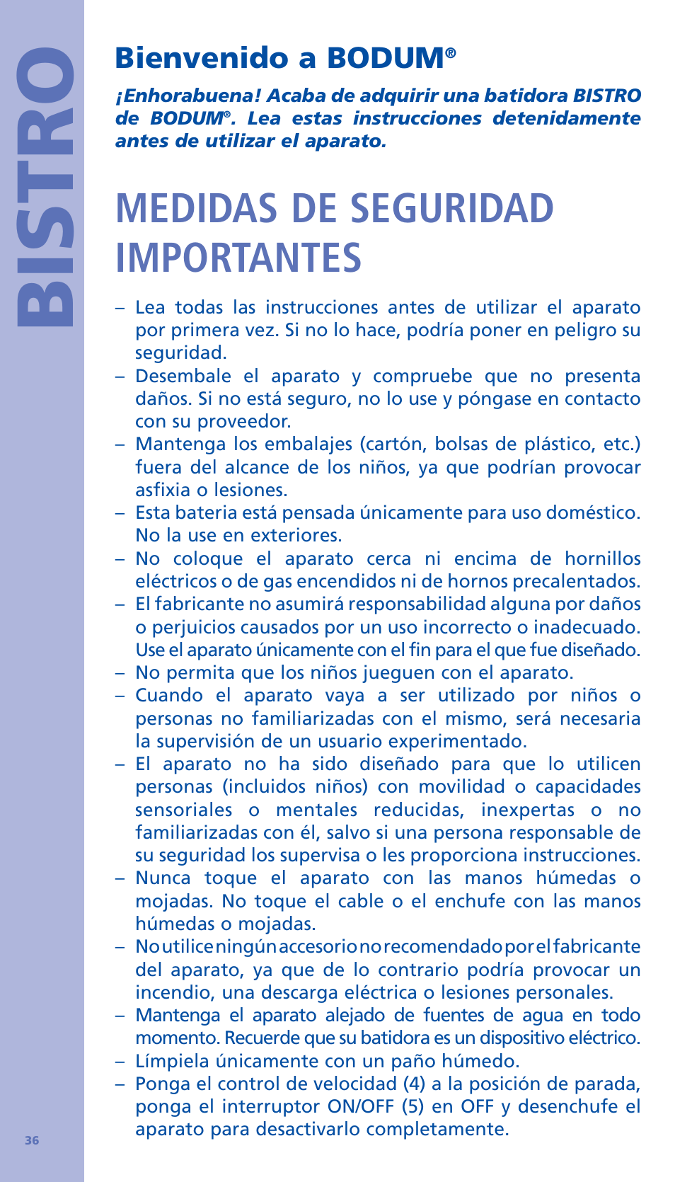 Bistro, Medidas de seguridad importantes, Bienvenido a bodum | Bodum BISTRO Стационарный электрический миксер User Manual | Page 37 / 97
