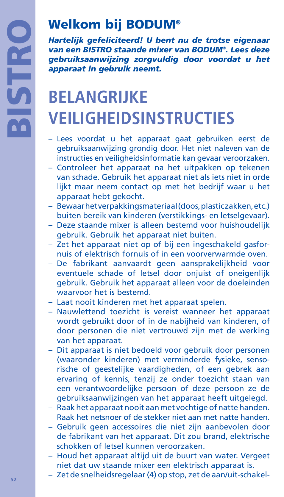 Bistro, Belangrijke veiligheidsinstructies, Welkom bij bodum | Bodum BISTRO Стационарный электрический миксер User Manual | Page 53 / 97