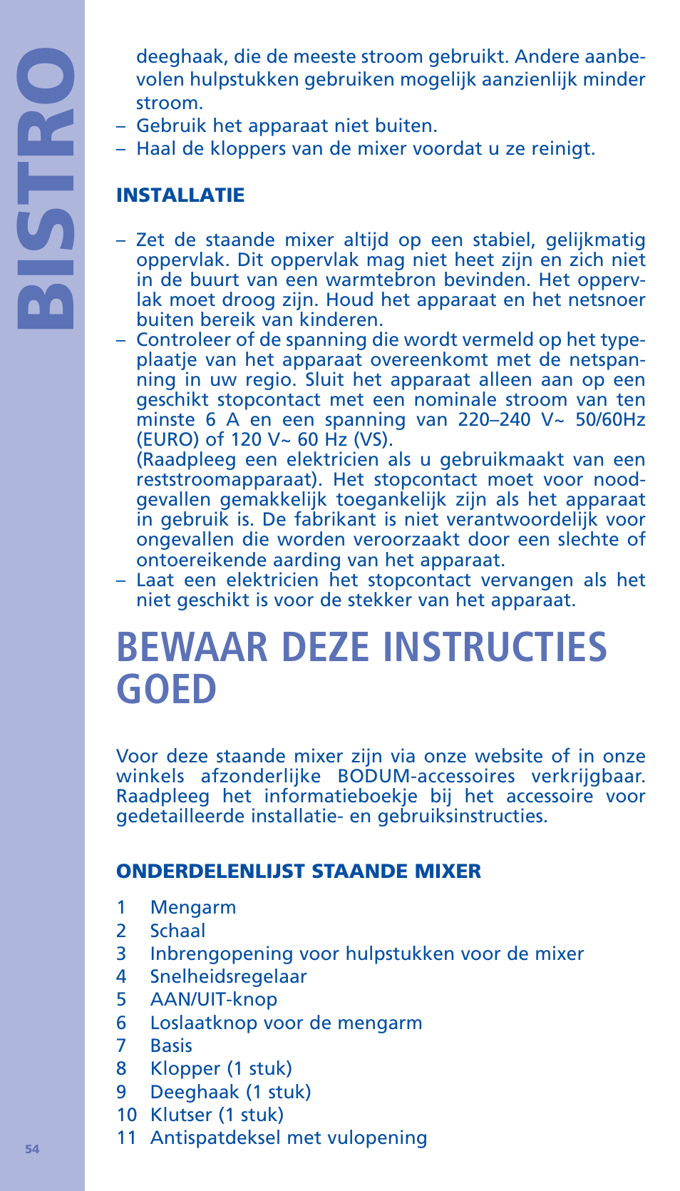 Bistro, Bewaar deze instructies goed | Bodum BISTRO Стационарный электрический миксер User Manual | Page 55 / 97