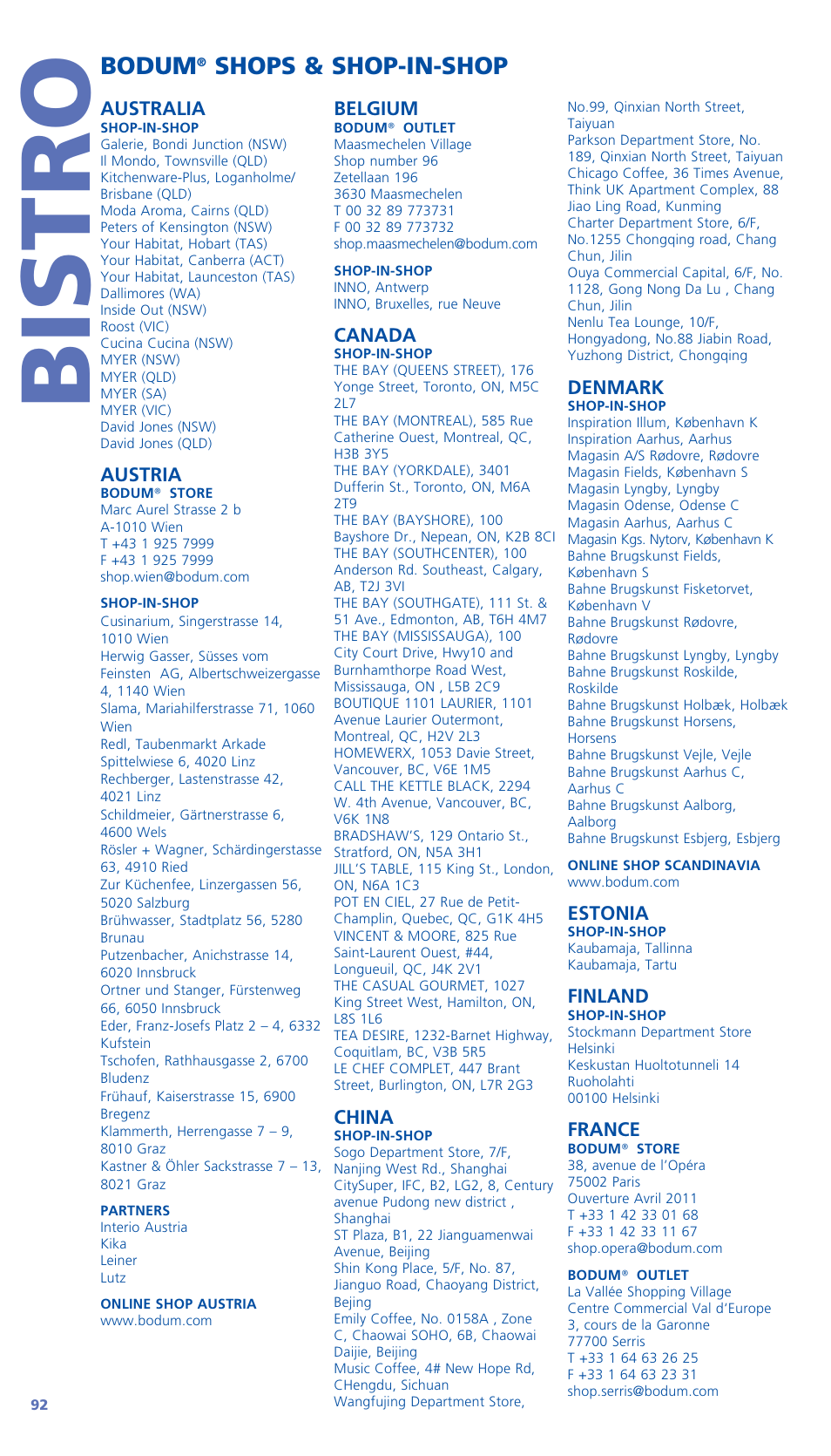 Bistro, Bodum, Shops & shop-in-shop | Bodum BISTRO Стационарный электрический миксер User Manual | Page 93 / 97