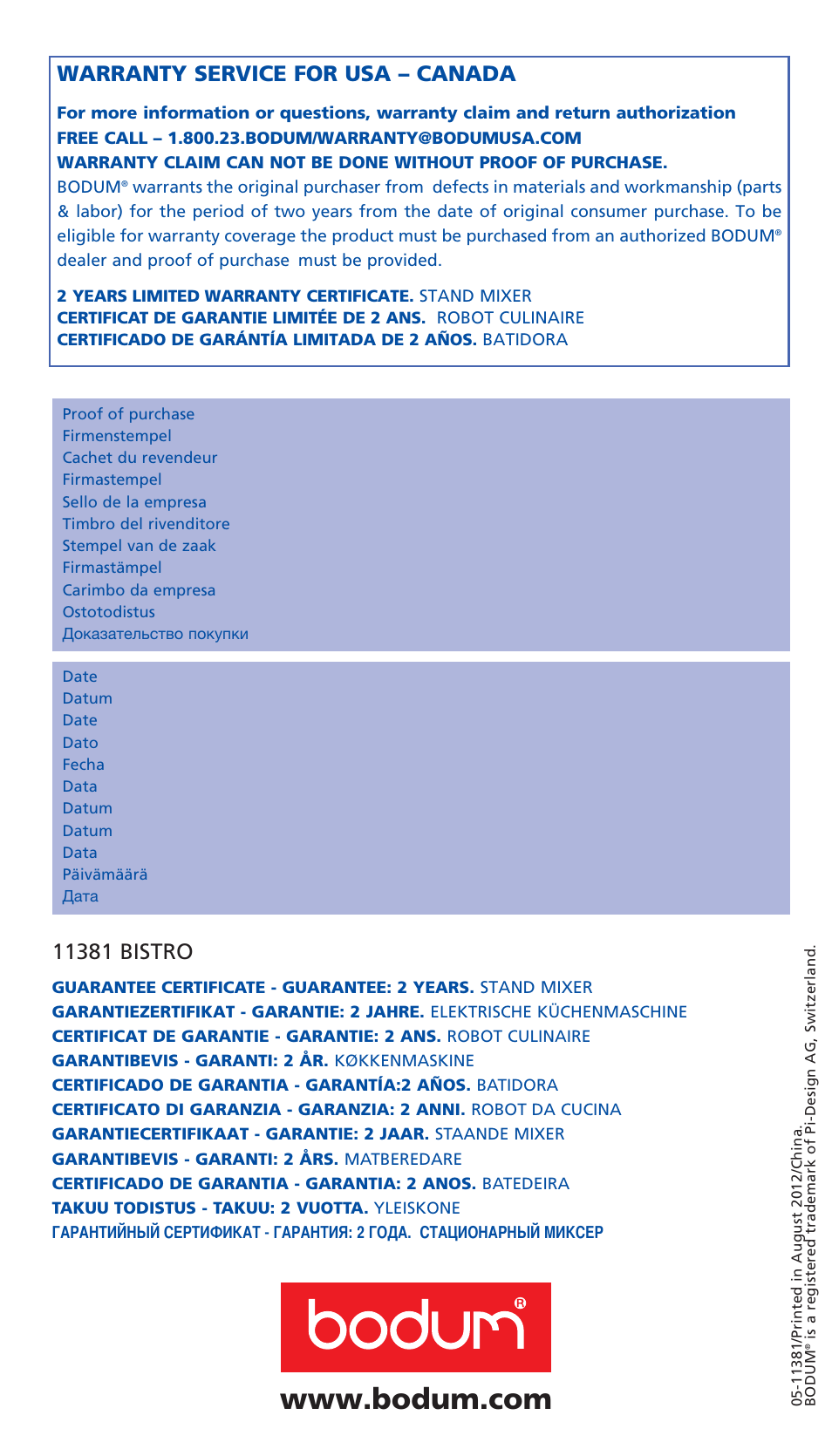 Warranty service for usa – canada | Bodum BISTRO Стационарный электрический миксер User Manual | Page 97 / 97