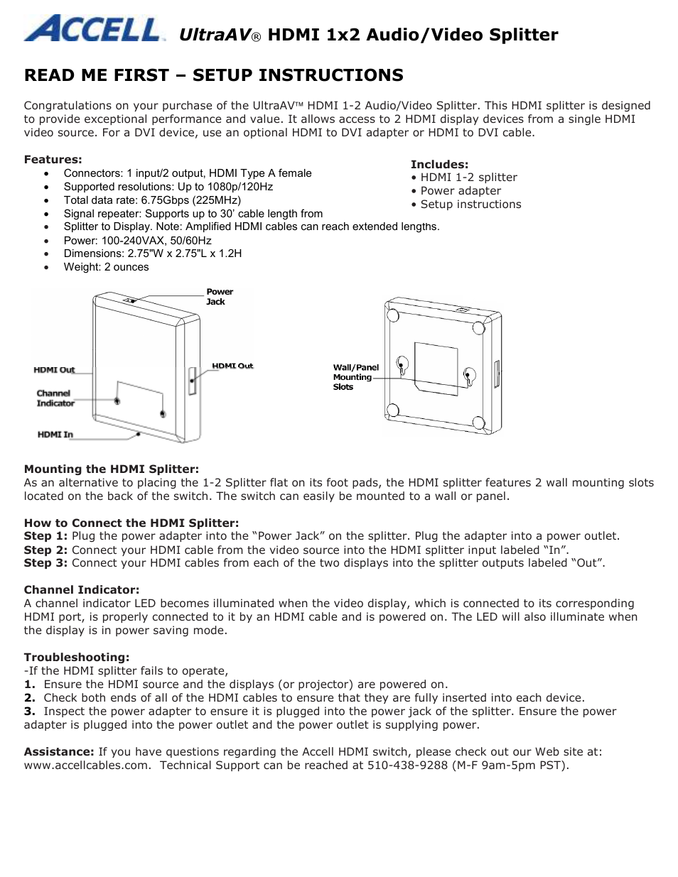 Accell UltraAV HDMI 1x2 Splitter User Manual | 2 pages