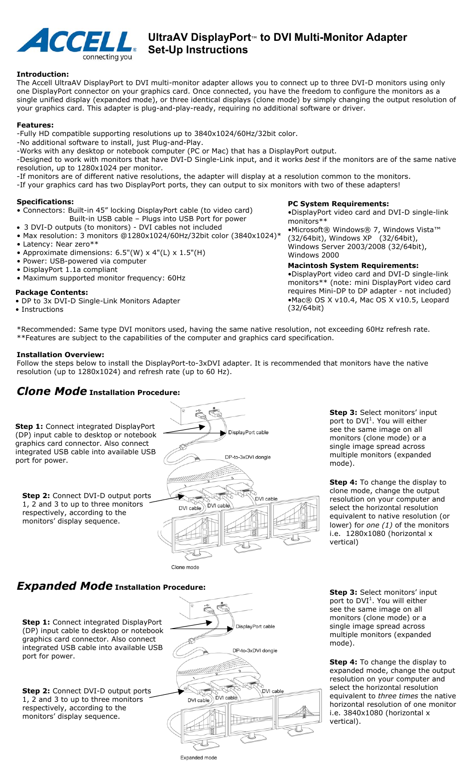 Accell UltraAV DP-DVI Multi-monitor Adapter User Manual | 2 pages