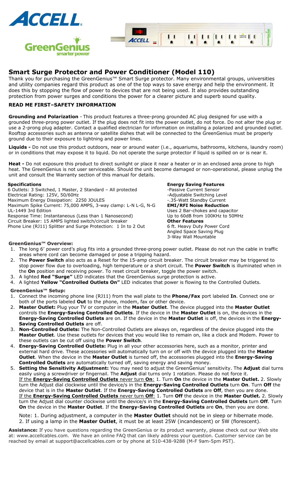 Accell GreenGenius Model 110 User Manual | 2 pages