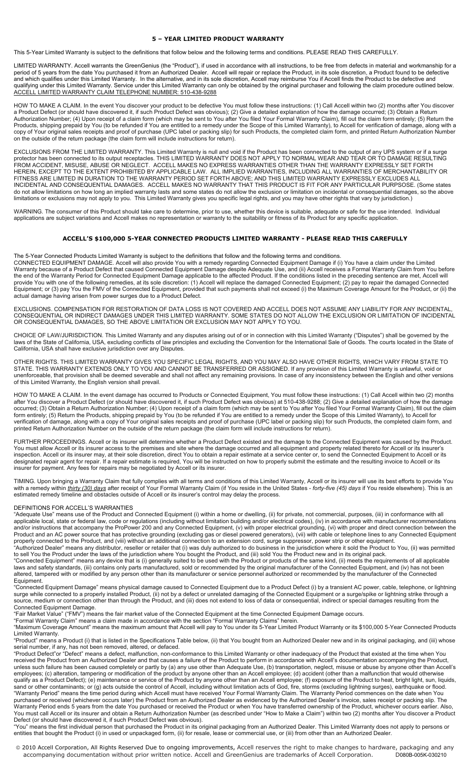 5 – year limited product warranty, Accell’s $100,000 5-year connected products limit | Accell GreenGenius Model 110 User Manual | Page 2 / 2