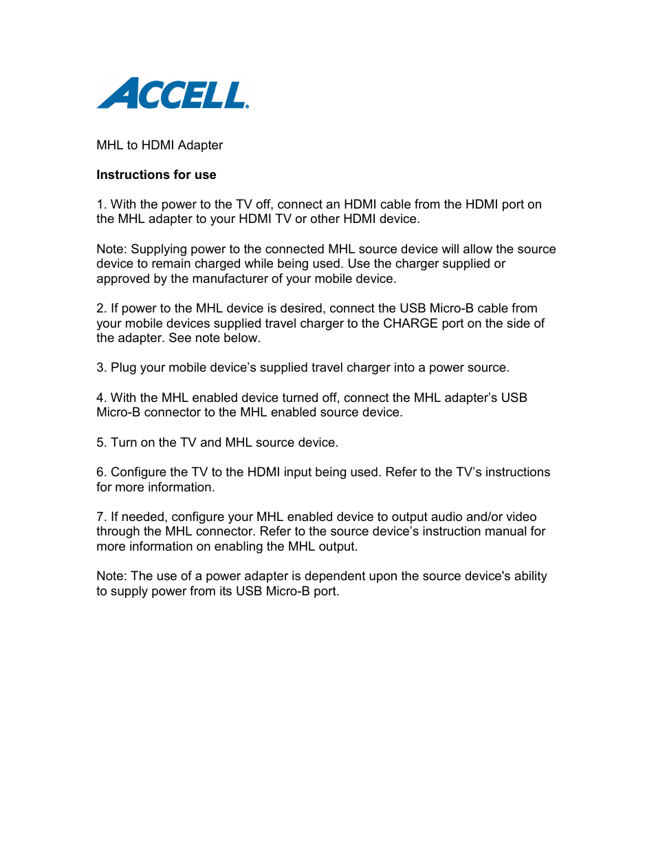 Accell MHL to HDMI Adapter set up guide User Manual | 1 page