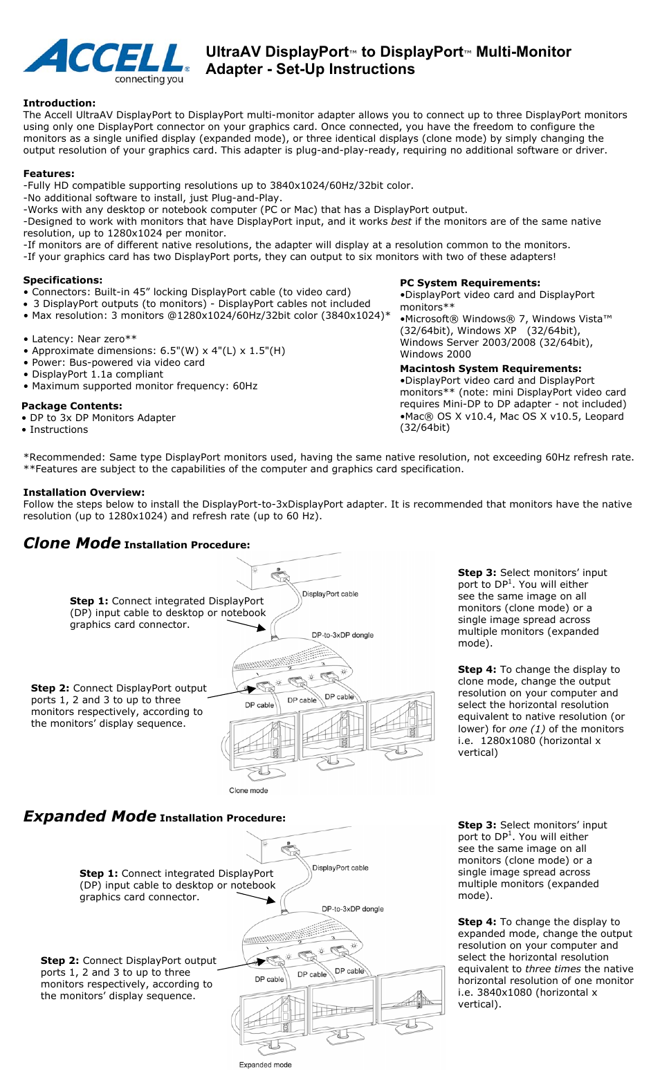 Accell UltraAV DP-DP Multi-monitor Adapter User Manual | 2 pages