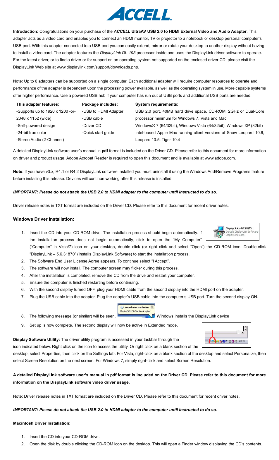 Accell UltraAV USB to HDMI Video Adapter User Manual | 2 pages