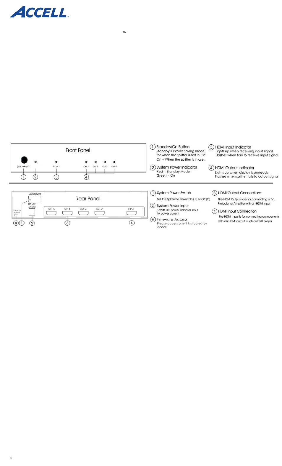 Accell UltraAV HDMI 1x4 Splitter User Manual | 1 page