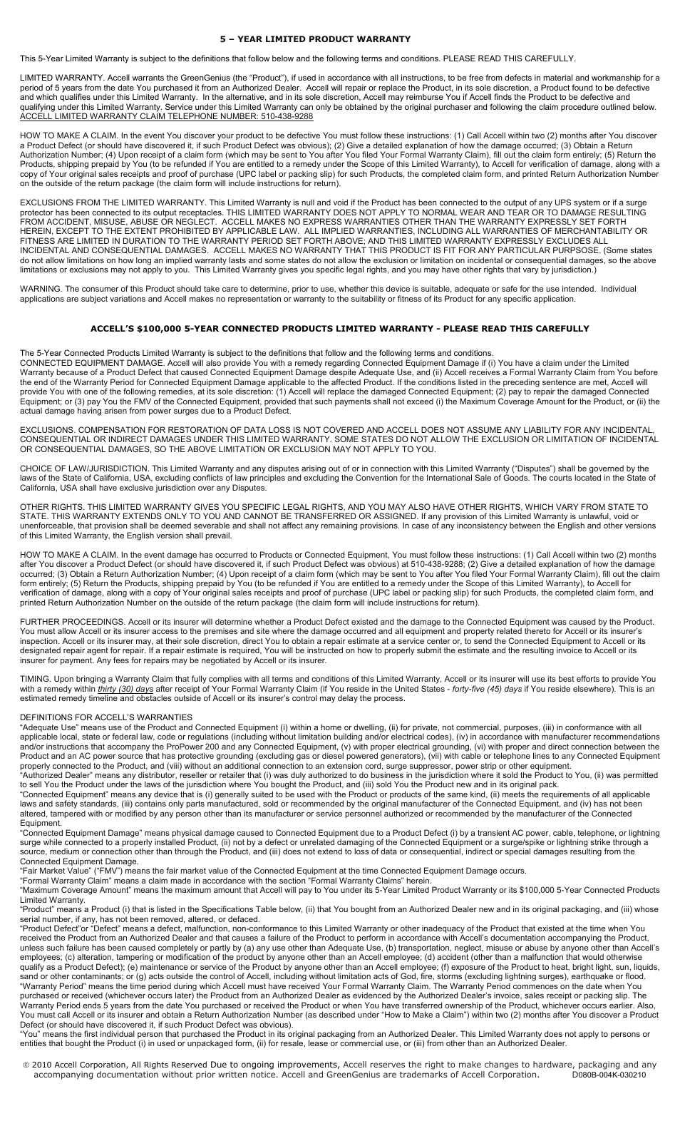 5 – year limited product warranty, Accell’s $100,000 5-year connected products limit | Accell GreenGenius Model 220 User Manual | Page 2 / 2