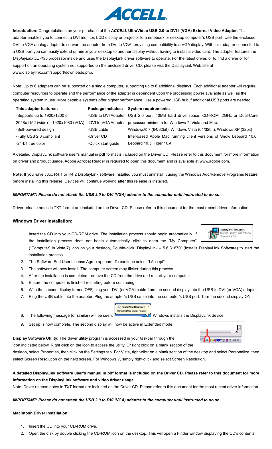 Accell UltraVideo USB to DVI or VGA Video Adapter User Manual | 2 pages