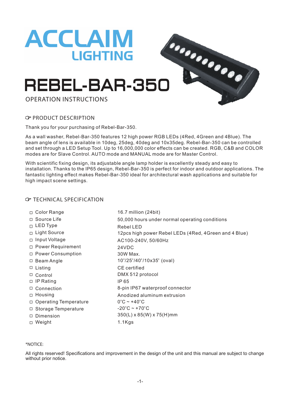 Acclaim Lighting Rebel Bar 350 (IP65) User Manual | 2 pages