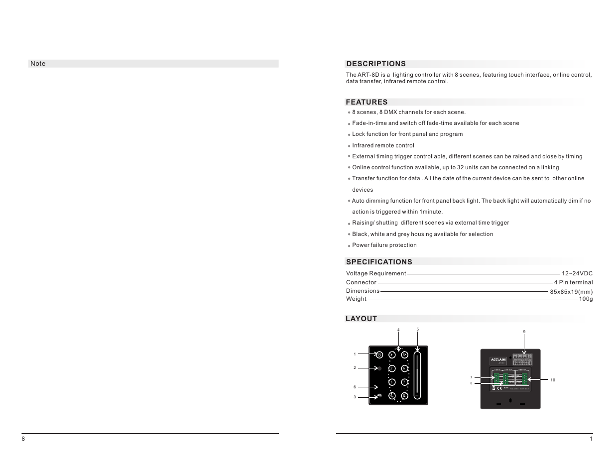 Gnd d - d+ +12-24v, Features layout descriptions, Specifications | Acclaim Lighting ART 8D User Manual | Page 3 / 6