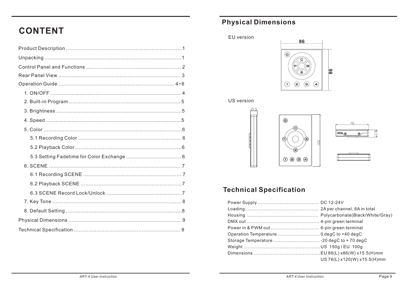 Content, Physical dimensions, Technical specification | Acclaim Lighting ART 4 User Manual | Page 2 / 6