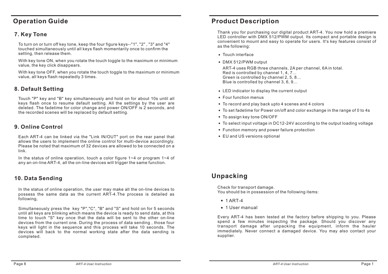 Operation guide, Unpacking, Product description | Acclaim Lighting ART 4 User Manual | Page 3 / 6