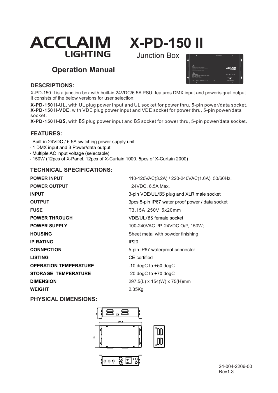Acclaim Lighting X-PD-150 ll User Manual | 1 page