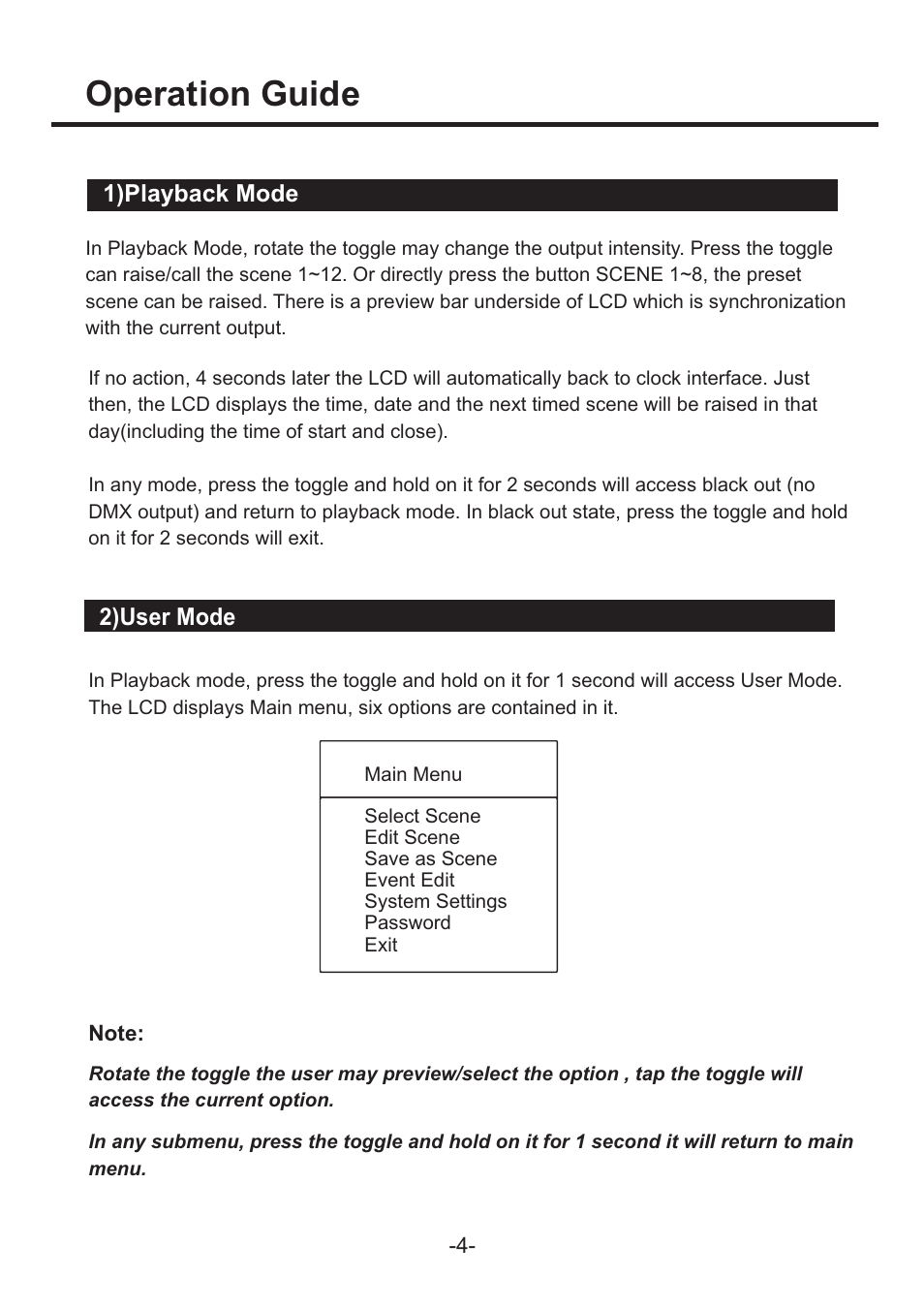Operation guide, Overview, 1)playback mode | 2)user mode, Front view, 1. lcd, Scene 1~8, Toggle, 12 2 3 eu, Us 1 | Acclaim Lighting AL Control 1 PRO User Manual | Page 7 / 16