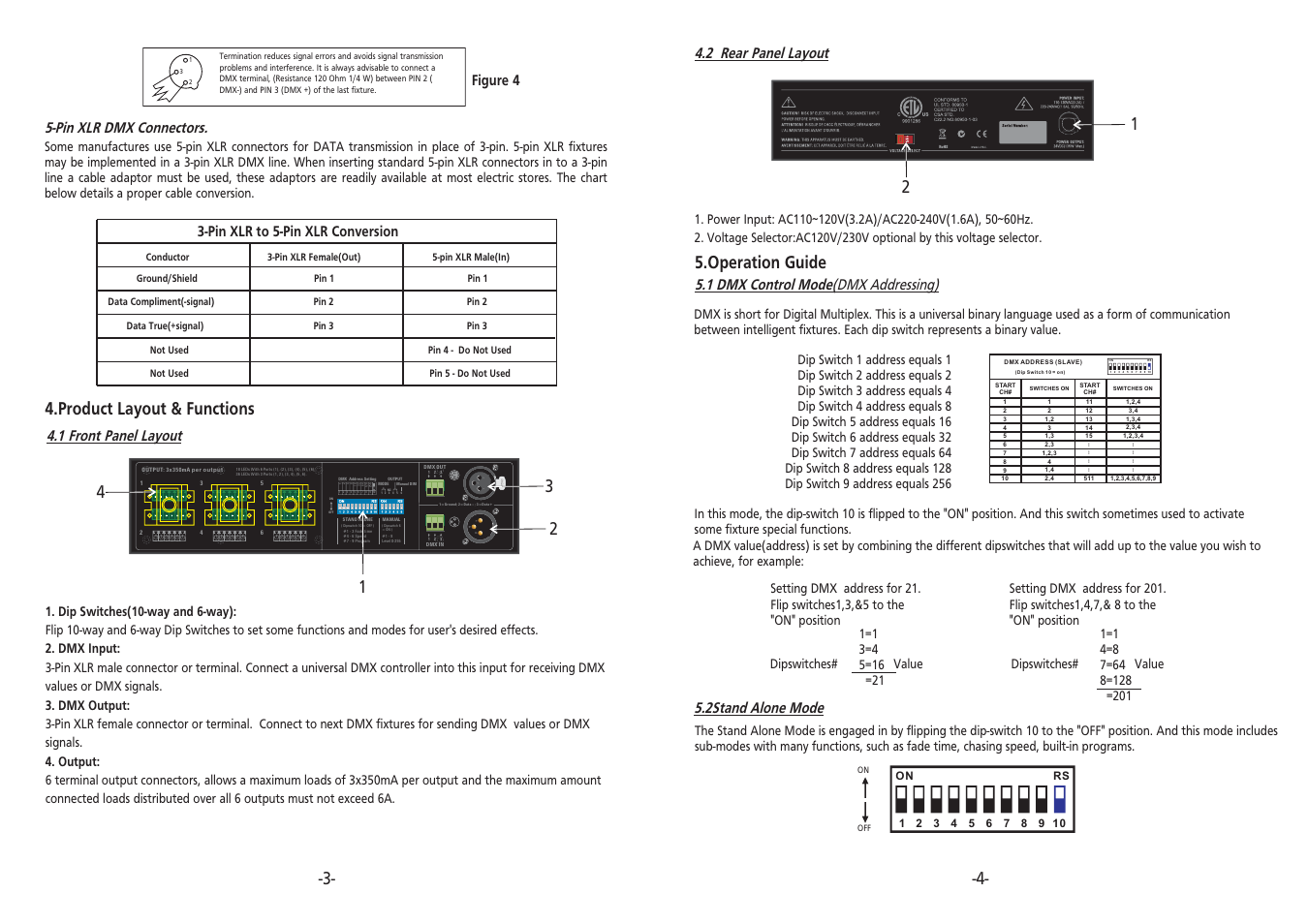 Product layout & functions, Operation guide, Figure 4 | 1 front panel layout, Pin xlr to 5-pin xlr conversion, Pin xlr dmx connectors, 2stand alone mode, 2 rear panel layout, 1 dmx control mode (dmx addressing) | Acclaim Lighting X-Power HP Pro User Manual | Page 6 / 6