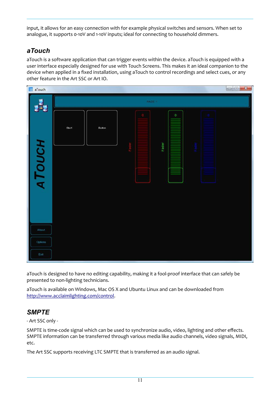 Atouch, Smpte | Acclaim Lighting ART IO User Manual | Page 12 / 38