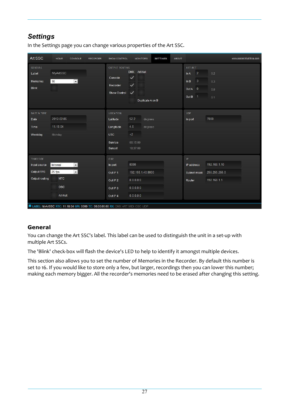 Settings | Acclaim Lighting ART IO User Manual | Page 28 / 38