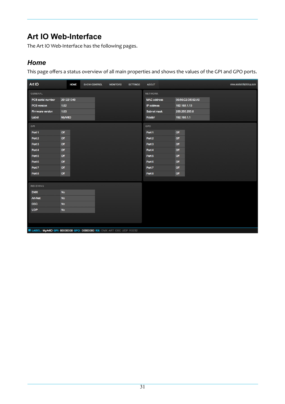 Art io web-interface | Acclaim Lighting ART IO User Manual | Page 32 / 38