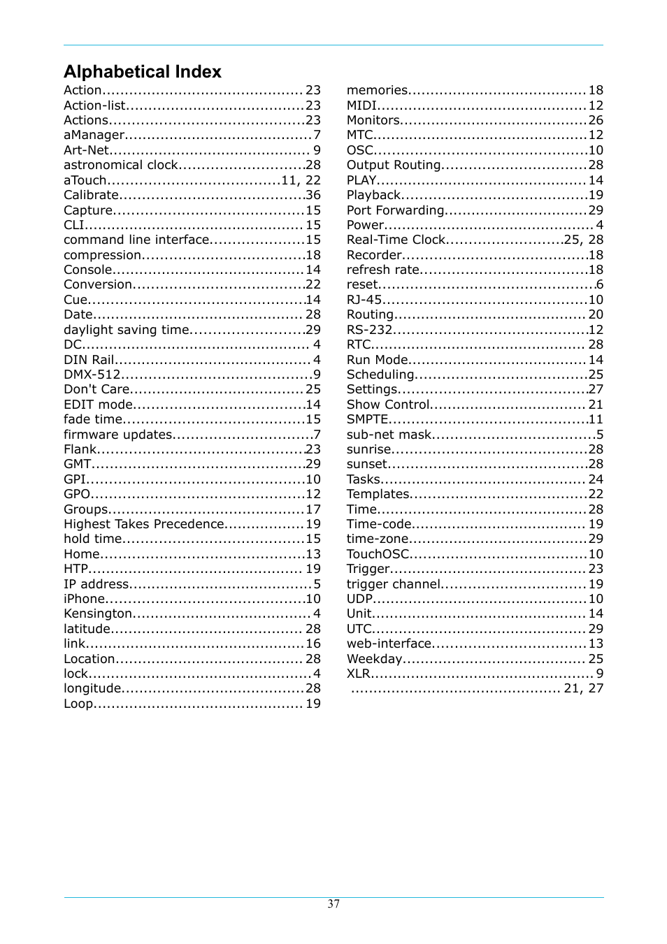 Alphabetical index | Acclaim Lighting ART IO User Manual | Page 38 / 38