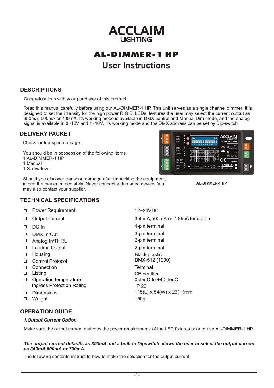 Acclaim Lighting AL Dimmer 1 HP User Manual | 4 pages