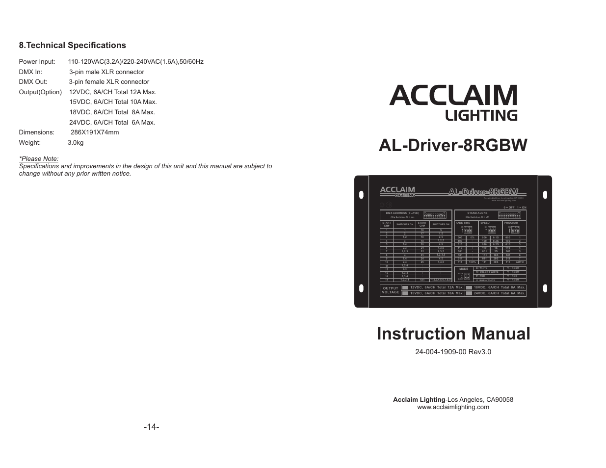 Acclaim Lighting AL Driver 8-RGBW 24V User Manual | 8 pages