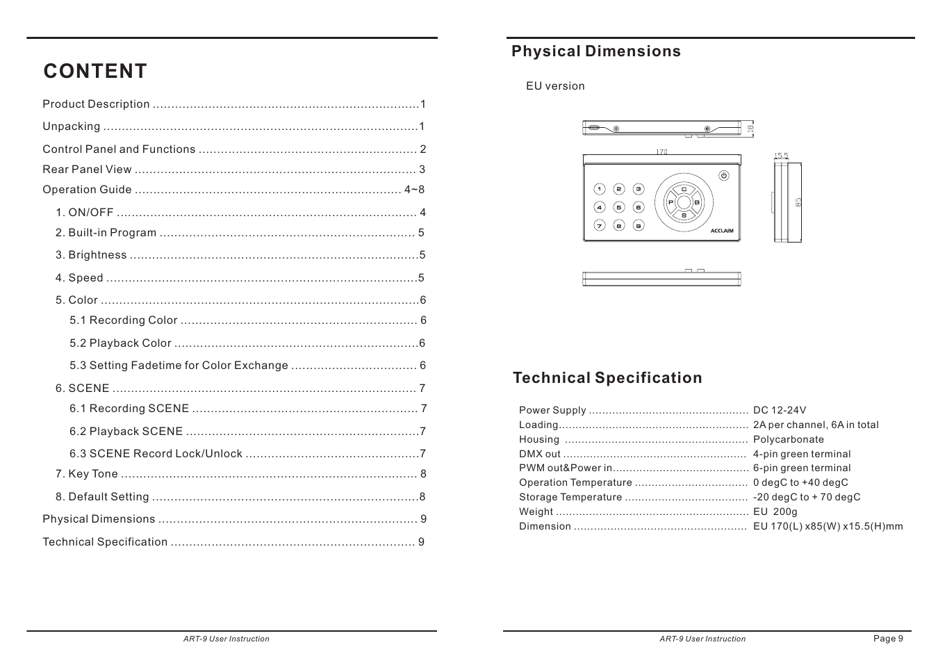 Content, Technical specification physical dimensions | Acclaim Lighting ART 9 User Manual | Page 2 / 6