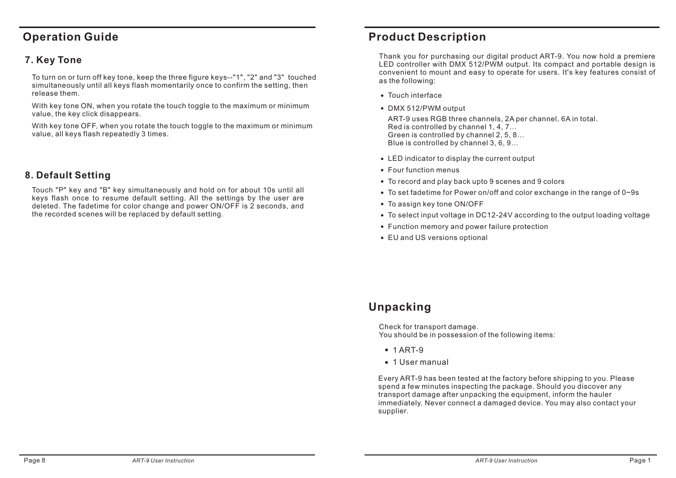 Operation guide, Unpacking, Product description | Acclaim Lighting ART 9 User Manual | Page 3 / 6