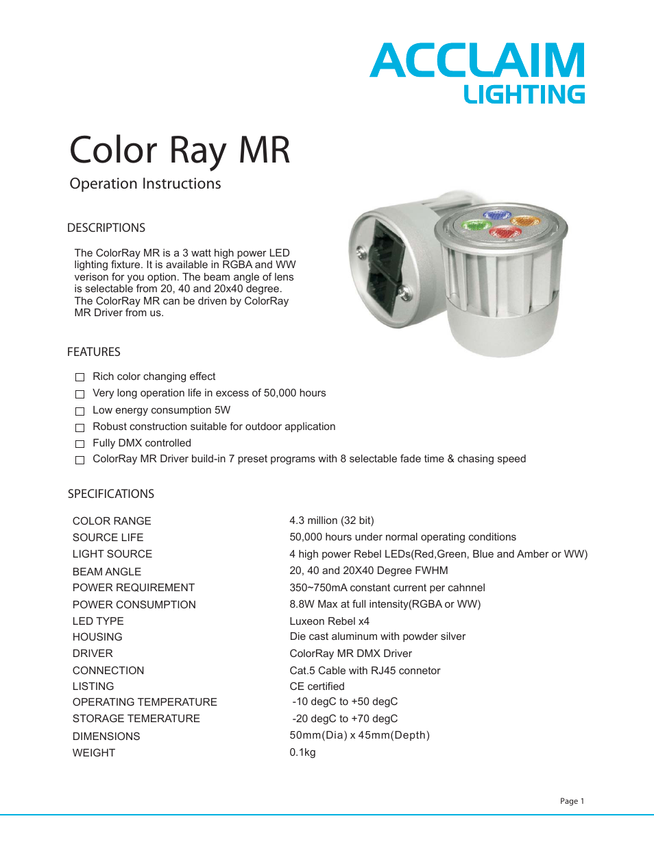 Acclaim Lighting Color Ray MR User Manual | 5 pages