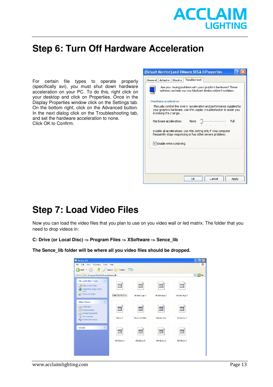 Step 6: turn off hardware acceleration, Step 7: load video files | Acclaim Lighting AL Net 8 User Manual | Page 13 / 26