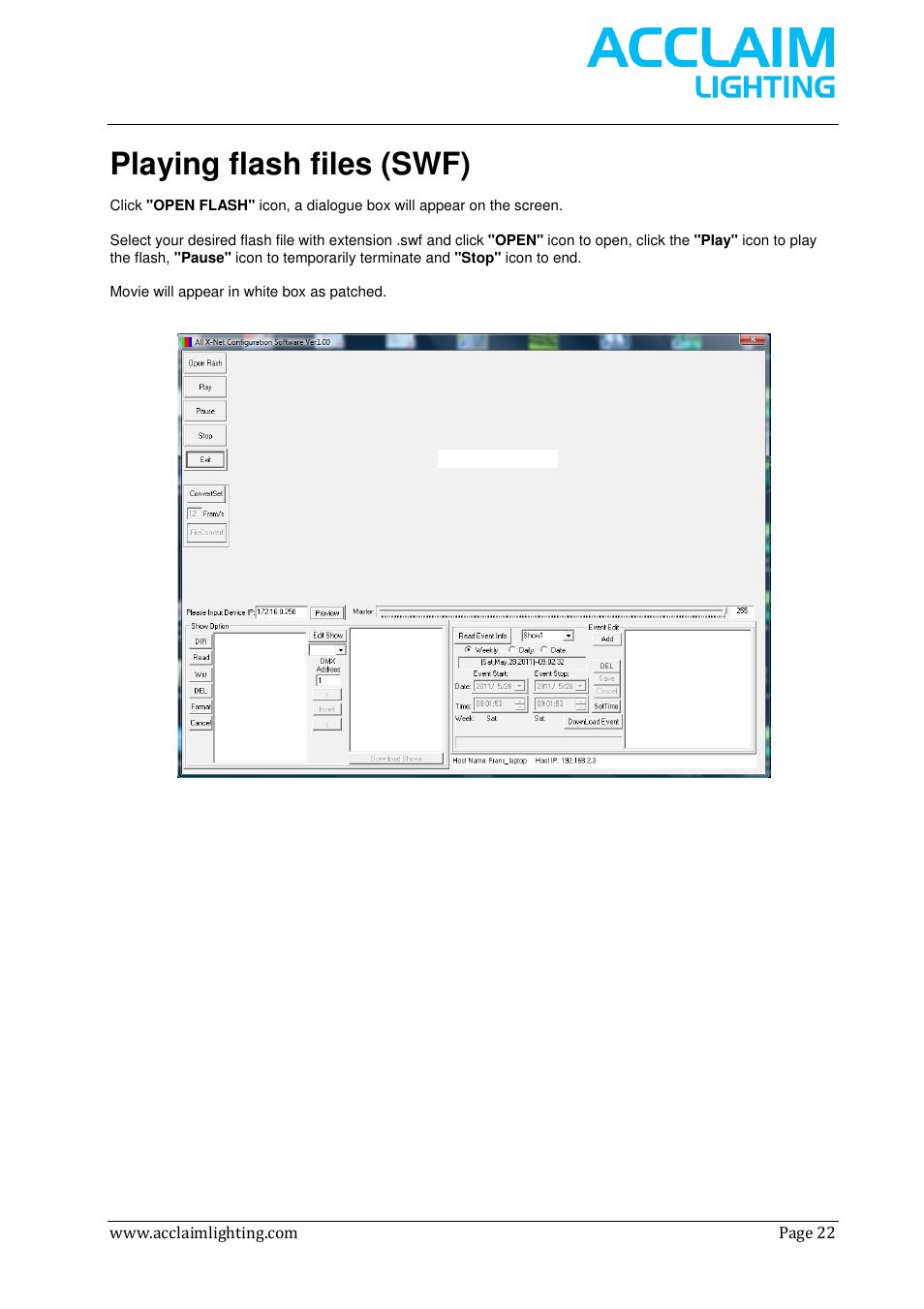 Playing flash files (swf) | Acclaim Lighting AL Net 8 User Manual | Page 22 / 26