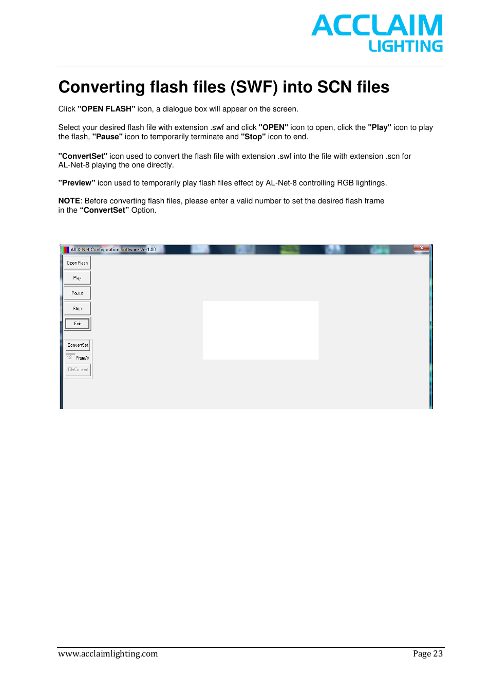 Converting flash files (swf) into scn files | Acclaim Lighting AL Net 8 User Manual | Page 23 / 26