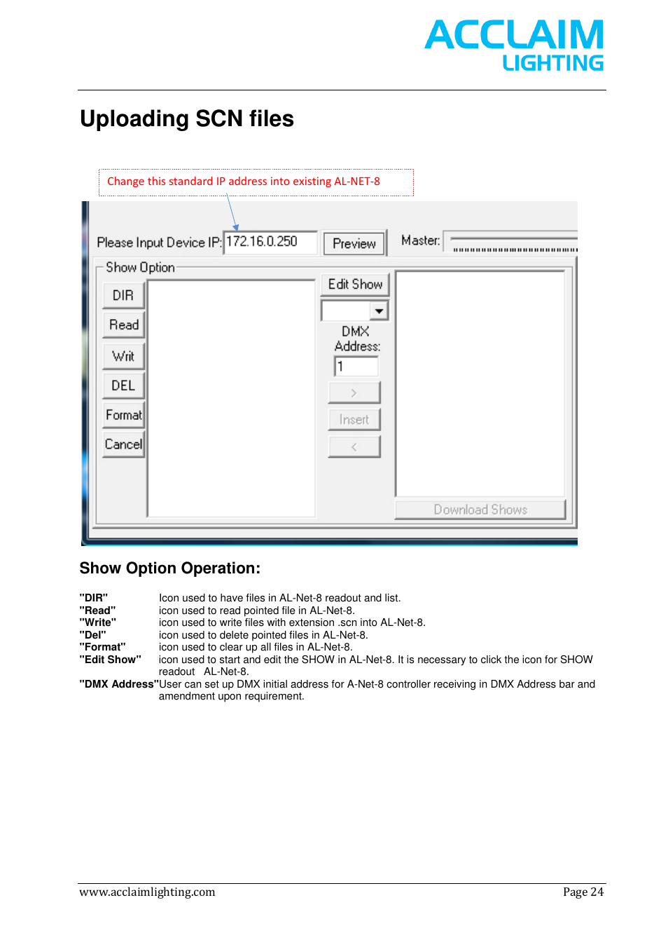 Uploading scn files, Show option operation | Acclaim Lighting AL Net 8 User Manual | Page 24 / 26