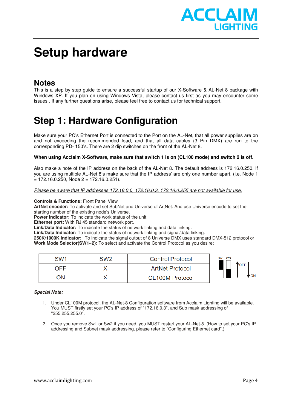 Setup hardware, Step 1: hardware configuration | Acclaim Lighting AL Net 8 User Manual | Page 4 / 26