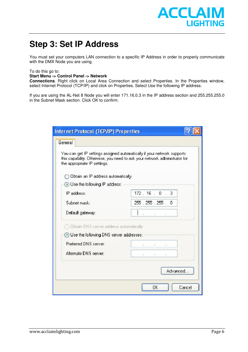 Step 3: set ip address | Acclaim Lighting AL Net 8 User Manual | Page 6 / 26