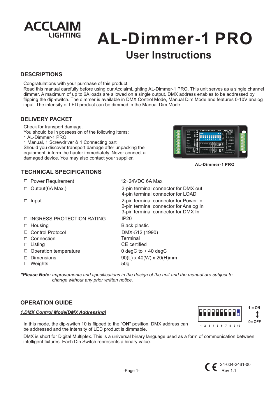 Acclaim Lighting AL Dimmer 1 Pro User Manual | 3 pages