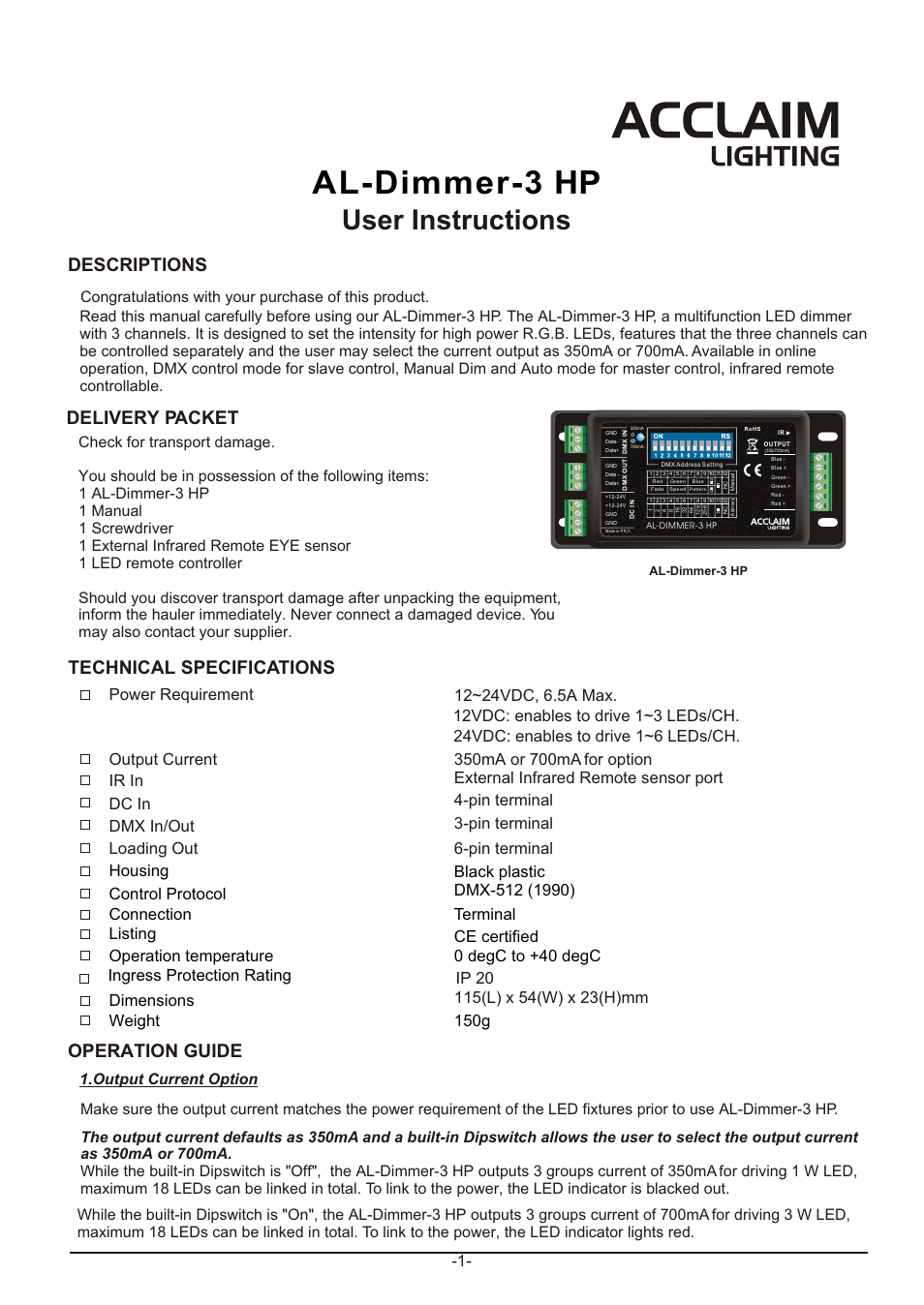 Acclaim Lighting AL Dimmer 3 HP User Manual | 5 pages