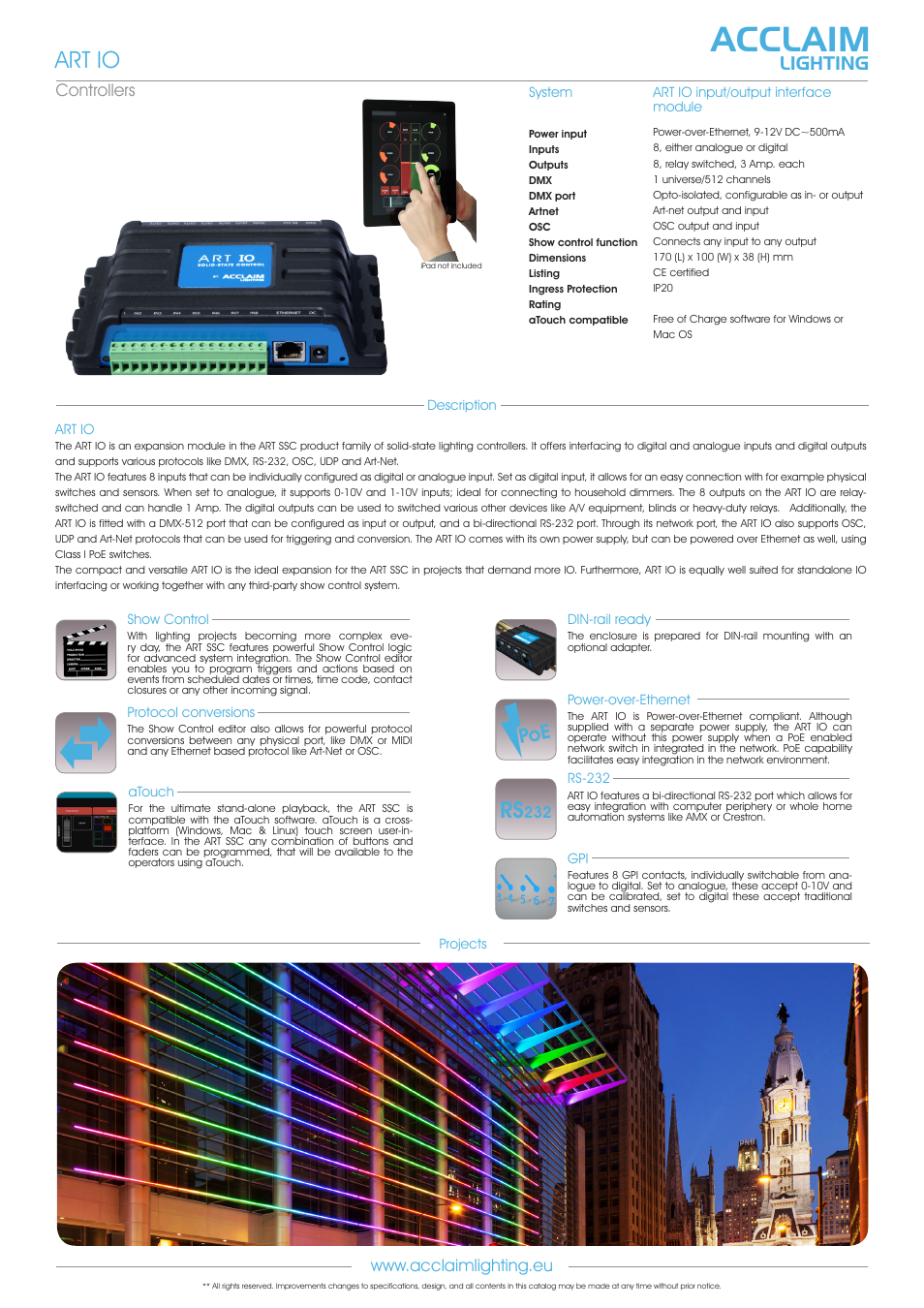 Art io, Acclaim, Lighting | Acclaim Lighting ART IO User Manual | Page 2 / 5